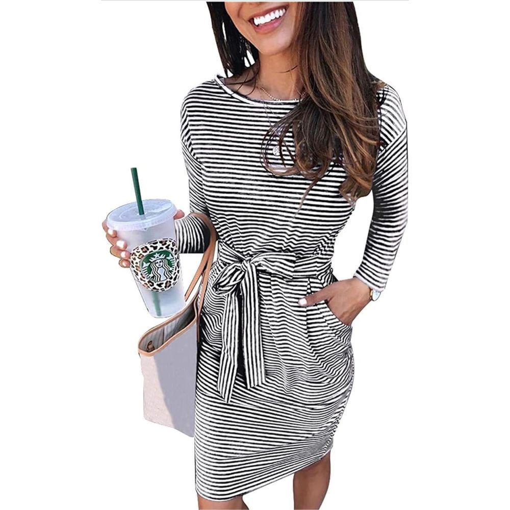 NEW Striped Long Sleeve Belted Sheath Pencil Dress S